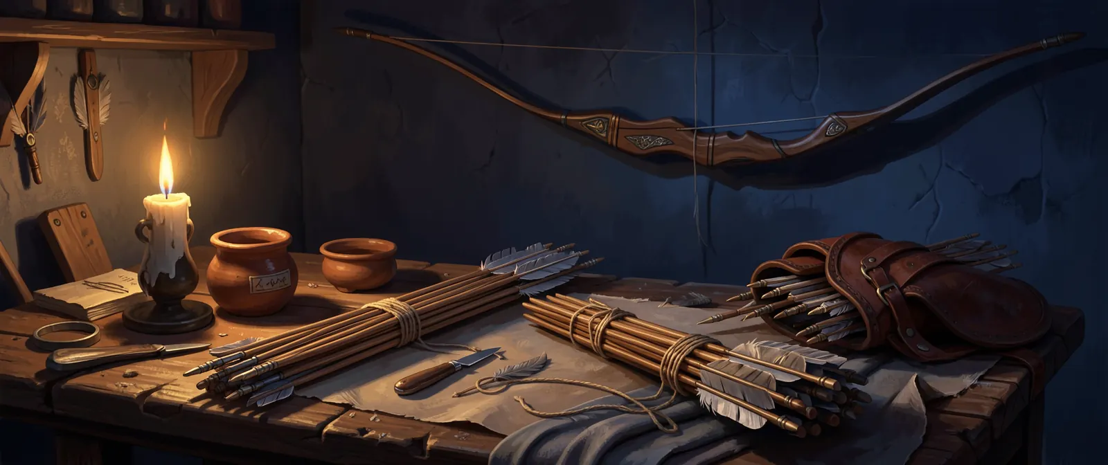 A bowyer's bench by candlelight: arrows fletched with grey feathers, a bundle of shafts tied with string, a knife, pots of glue, a leather quiver full of arrows and a longbow hanging on the wall