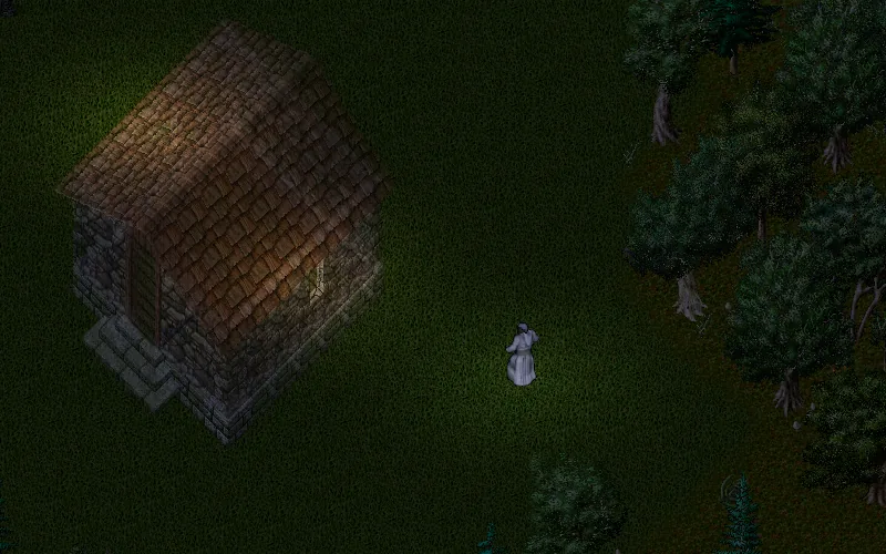 A see-through stone house under the pointer on a grass field, the character standing beside it