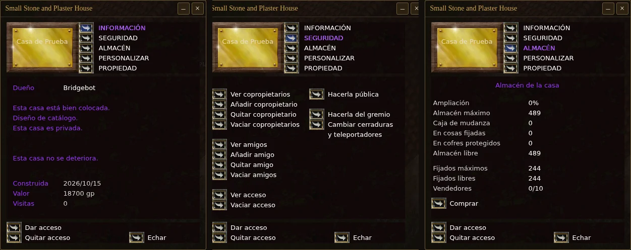 Three tabs of the house sign's menu side by side: Información, Seguridad and Almacén