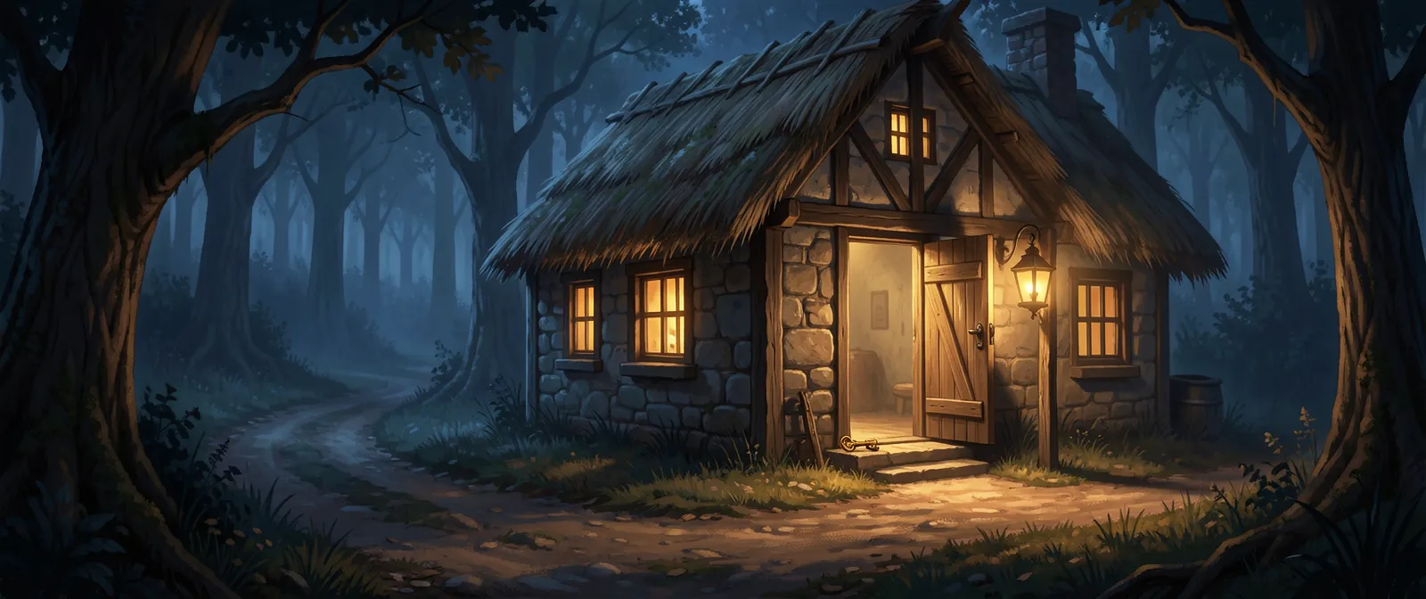 A small stone and timber cottage with a thatched roof in a forest clearing, its door open and a brass key on the step