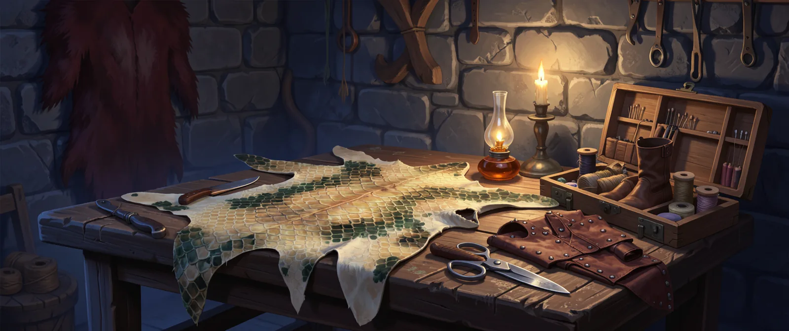 A leatherworker's bench at night: a snake hide of green and golden scales on the table, knives and large shears, a piece of studded leather, boots and thread in an open tool case, by the light of an oil lamp and a candle