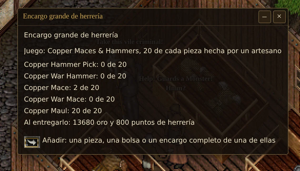 La ventana de un encargo grande de herrería: el juego Copper Maces & Hammers, 20 de cada pieza, con cada pieza y cuántas lleva, la paga y el botón para añadir