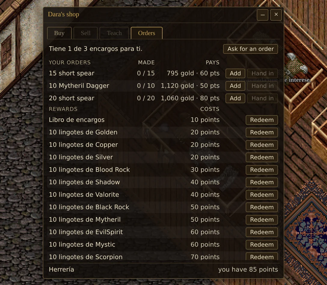 A shopkeeper's shop open on the Orders tab: three smithing orders with their progress and pay, Add and Hand in buttons, and the list of rewards with their points