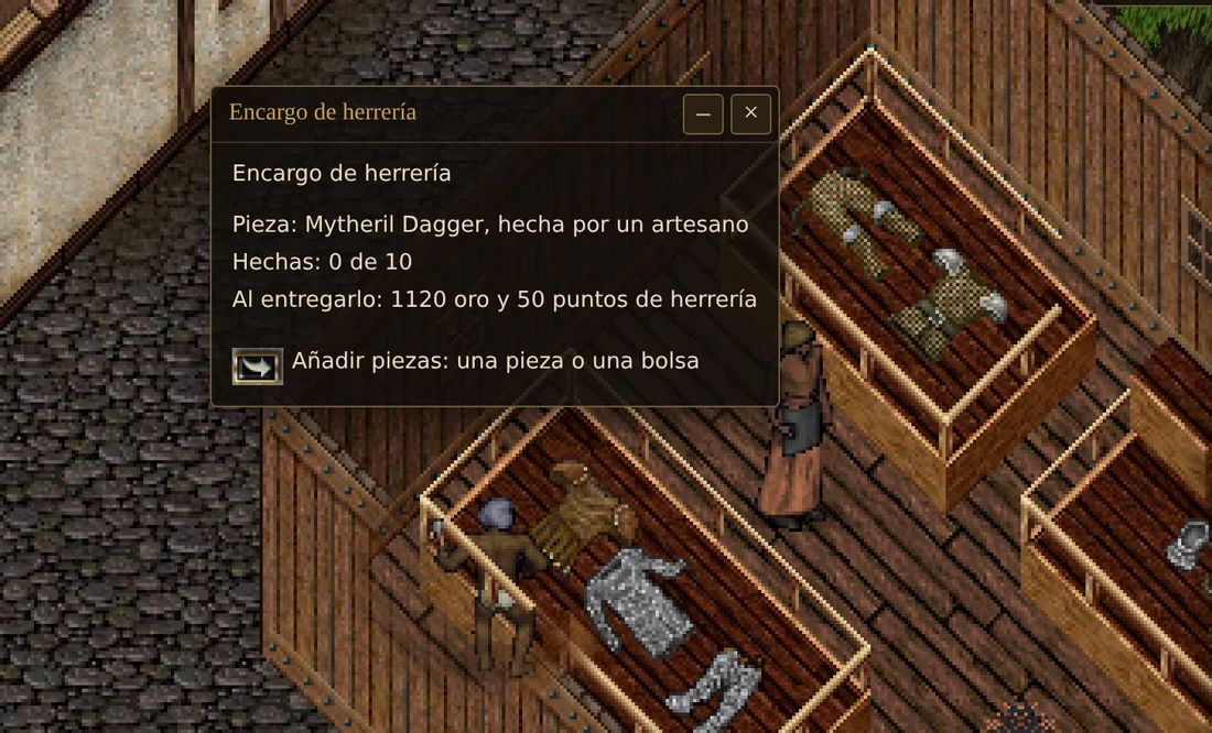 La ventana de un encargo de herrería: la pieza, 0 de 10 hechas, la paga en oro y puntos, y el botón para añadir piezas