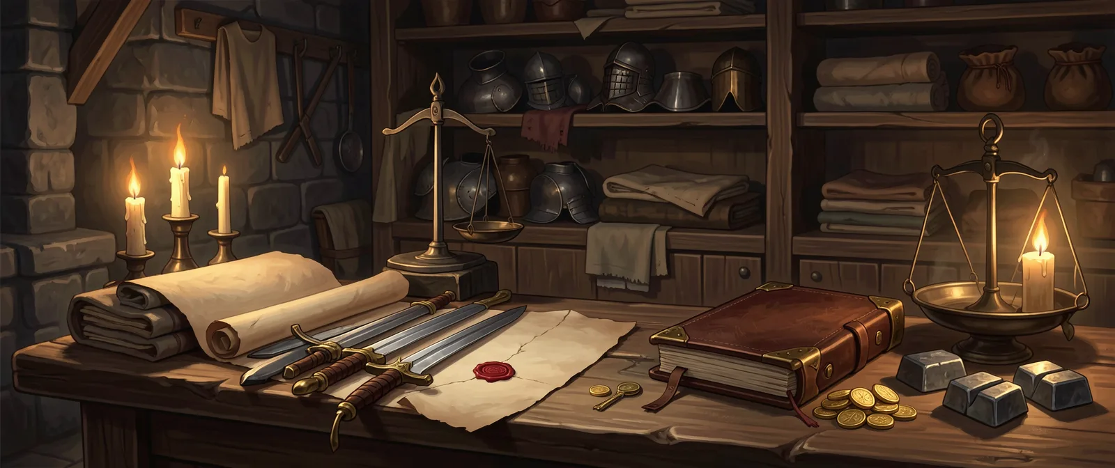 El mostrador de una tienda de noche: un encargo de pergamino con sello de cera roja junto a espadas terminadas, un libro de cuero con esquinas de latón, monedas de oro, lingotes y una balanza, con cascos y telas dobladas en los estantes, a la luz de las velas
