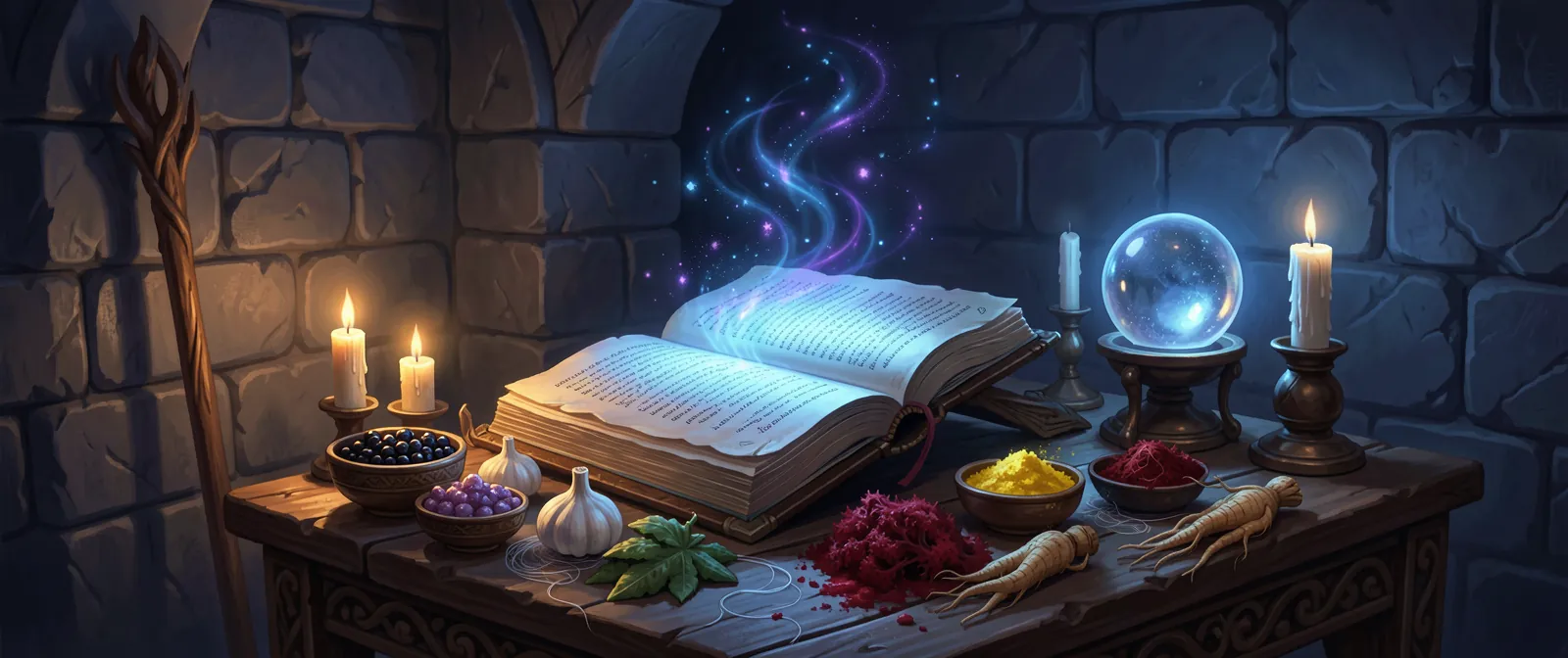 El estudio de un mago en una torre de noche: un libro abierto que brilla en azul, cuencos de reactivos, una bola de cristal, velas y un bastón
