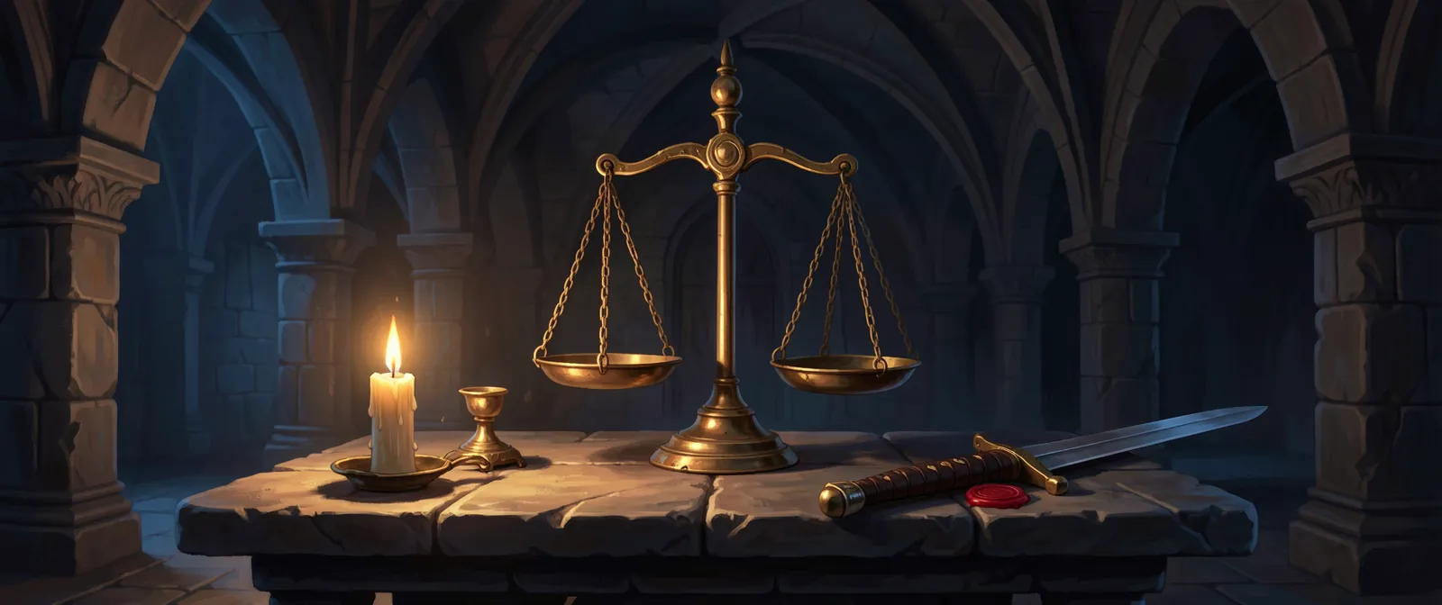 Brass scales on a stone table by candlelight, beside a sheathed sword and a wax seal
