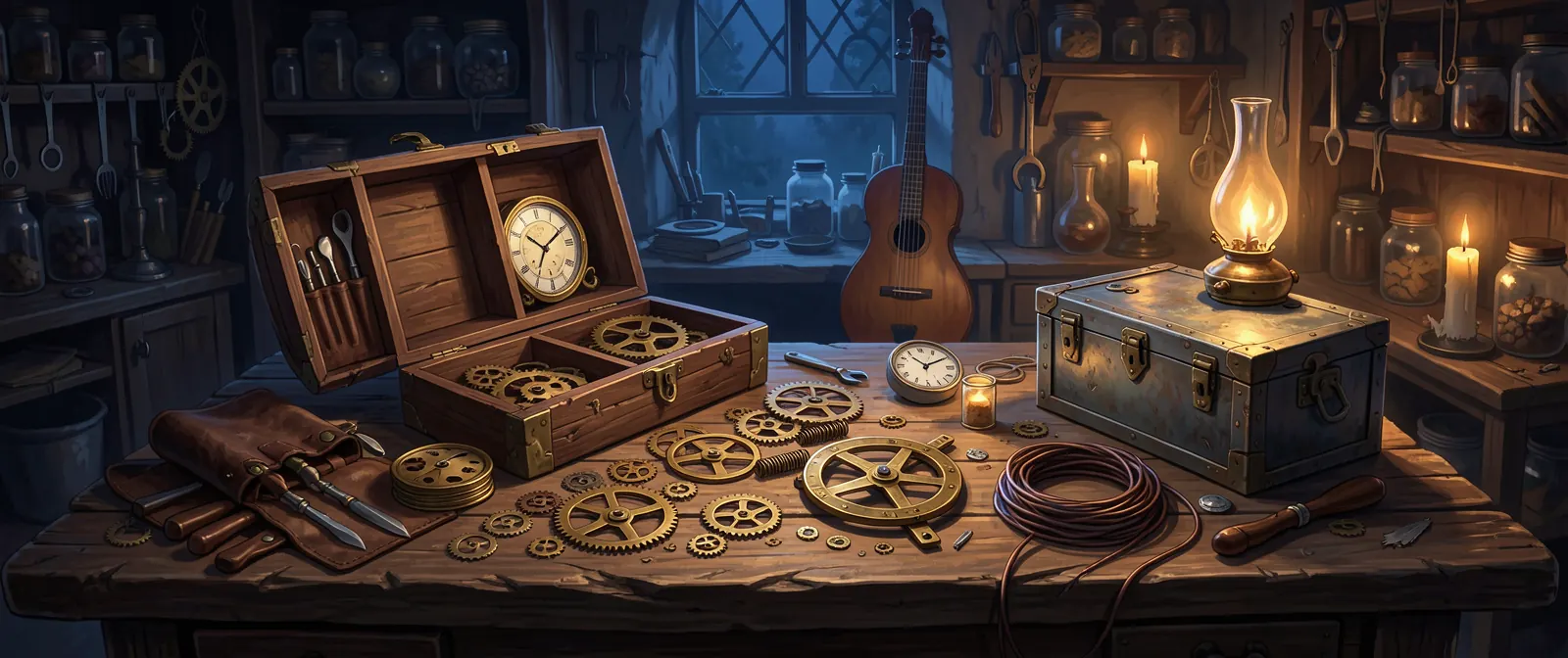 El banco de un tinker de noche: engranajes y piezas de reloj sobre la madera, un reloj en su caja abierta, rollos de alambre, un cofre de metal y herramientas en un estuche de cuero, a la luz de un candil