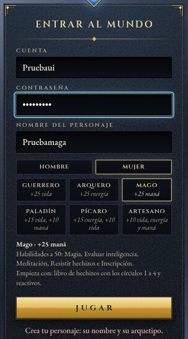 La tarjeta de entrada al mundo con los seis arquetipos y el Mago elegido, sus habilidades y su equipo