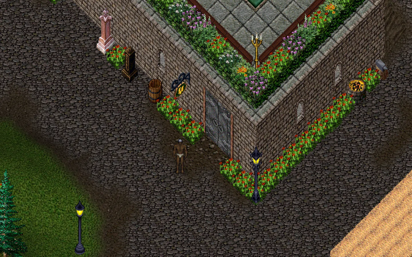 A newly made character in the street before the door of the bank of Britain, with its sign, its flowers and a lamp post