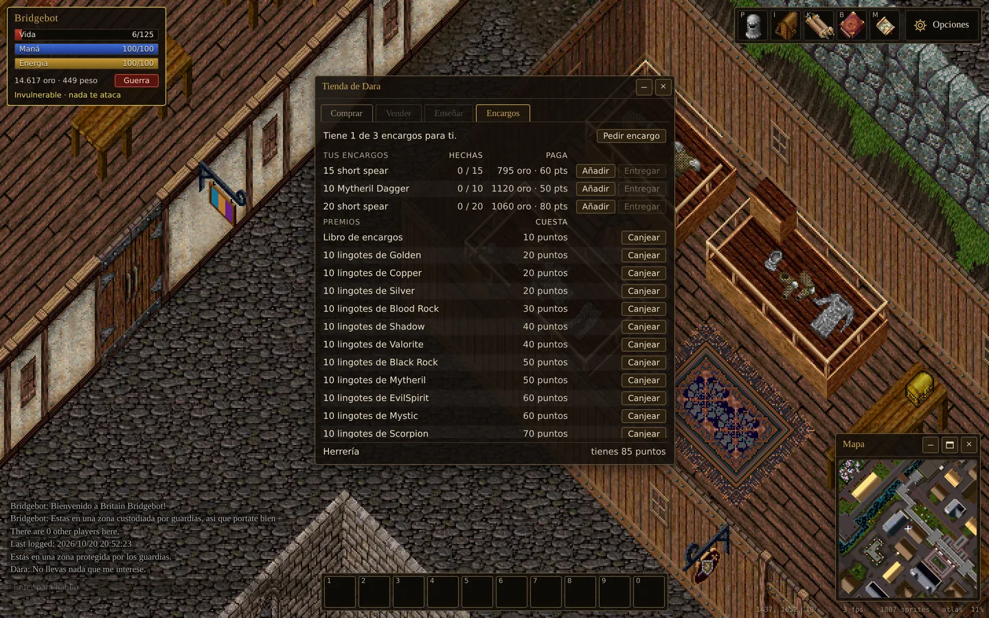 A Britain armourer's shop open on the Orders tab, with three smithing orders and the list of rewards