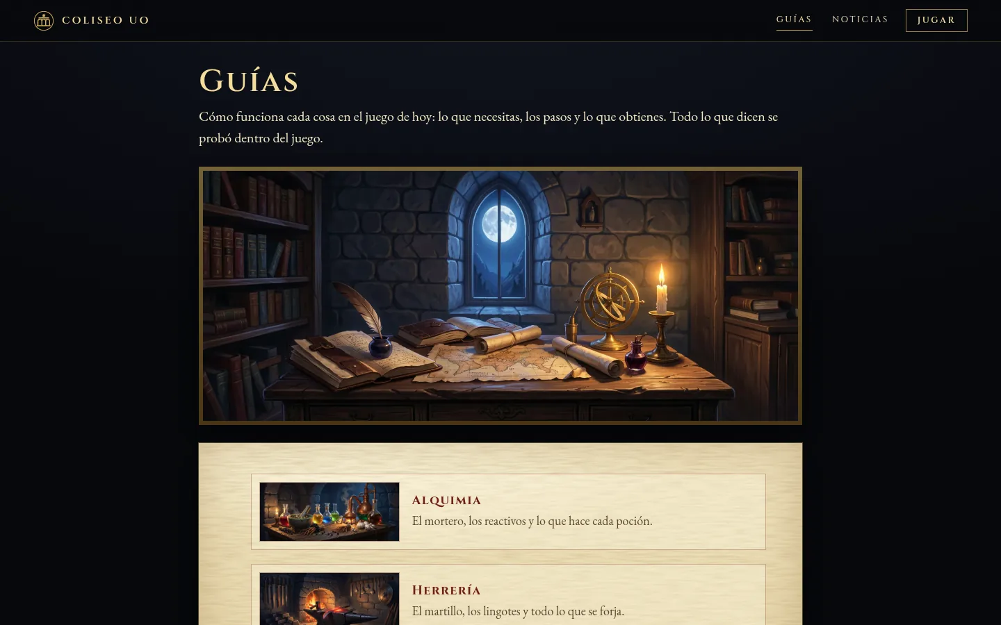 La página de guías de coliseouo.com, con sus cuatro guías ilustradas