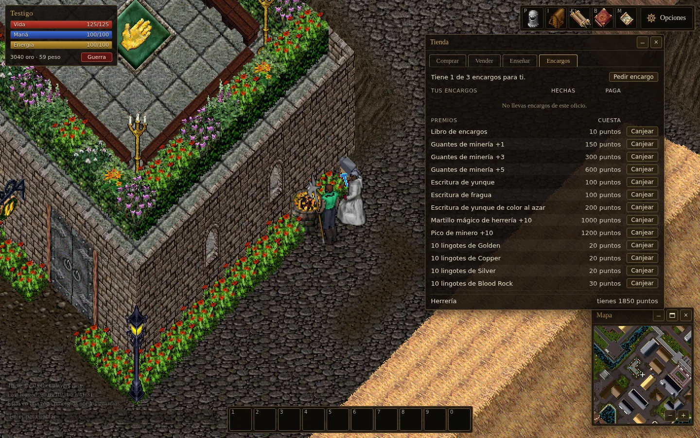 The character at the Britain smithy with the magic hammer in hand, beside the smith and the lit forge, and the Orders tab with the rewards: the mining gloves, the magic smithing hammer +10 and the miner's pickaxe +10