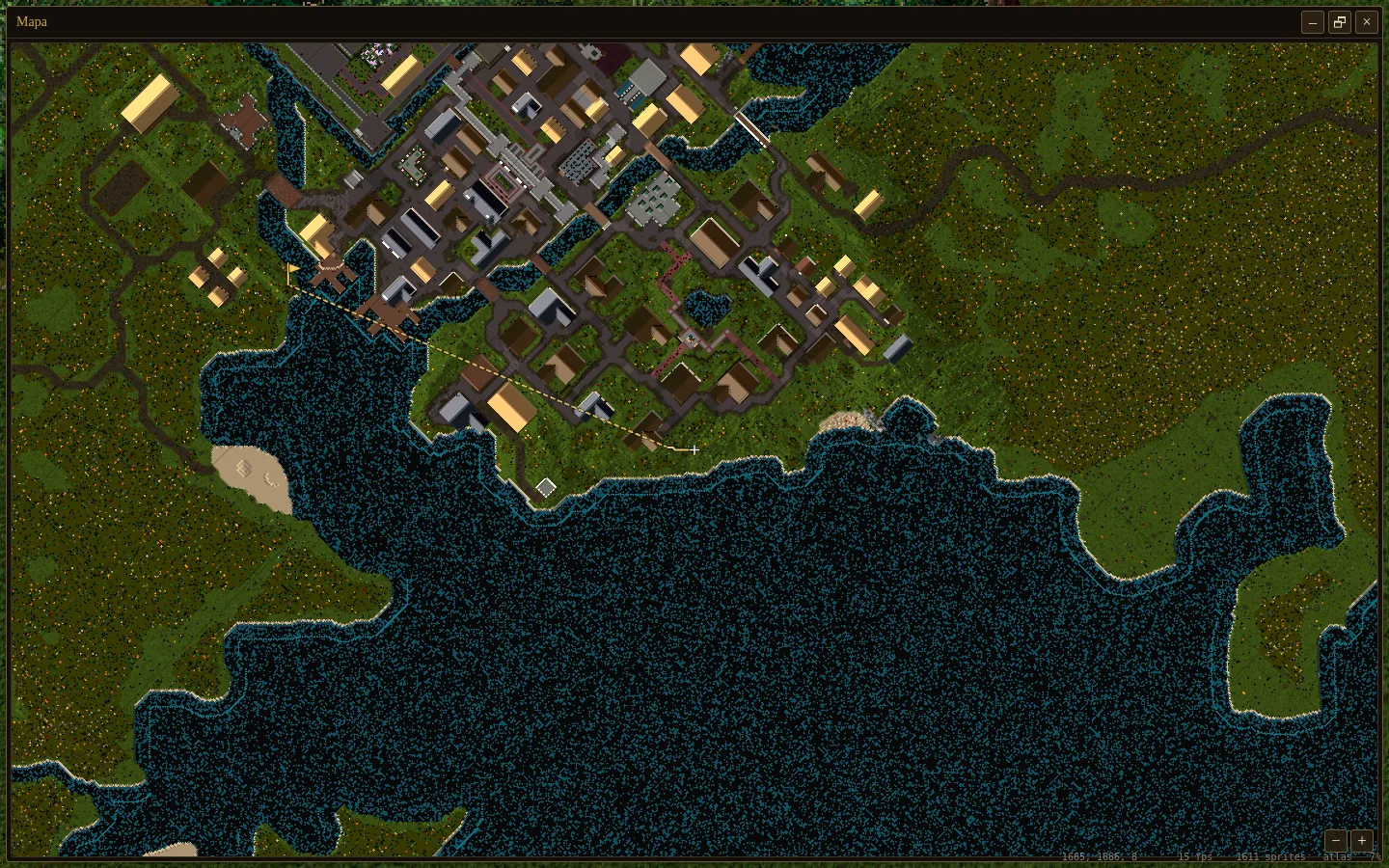 El mapa abierto a toda la pantalla sobre Britain, con una bandera dorada en el lugar elegido, la línea punteada hasta ella y el camino del tramo que el personaje recorre