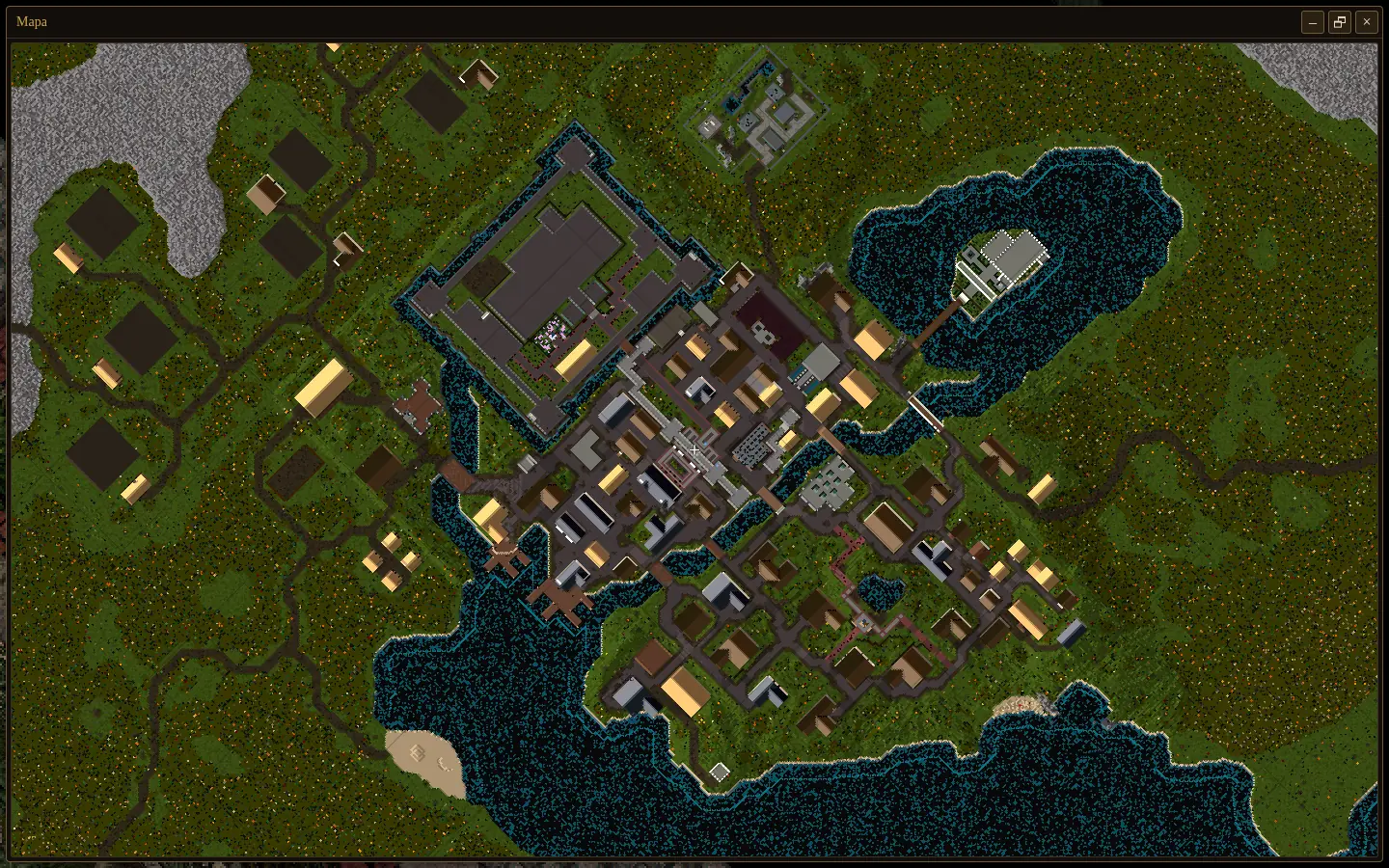 The minimap over Britain at full screen: the castle, the streets, the river and the farms around