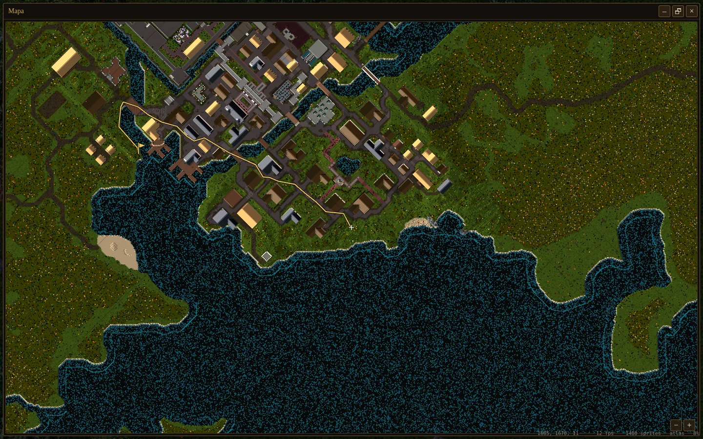 The map filled to the screen over Britain: the golden way leaves the character, crosses the town by its streets and the western bridge, and goes round the bay to the flag