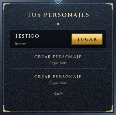 The sign-in card with an account's characters: Testigo with Play and Delete, and two free places to make another