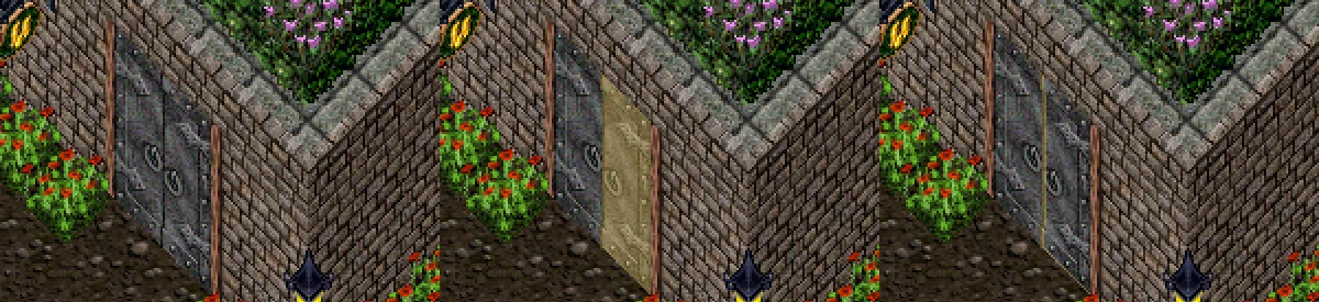 The same door in Britain three times with the mouse on it: not highlighted, covered in gold, and with only its edge in gold
