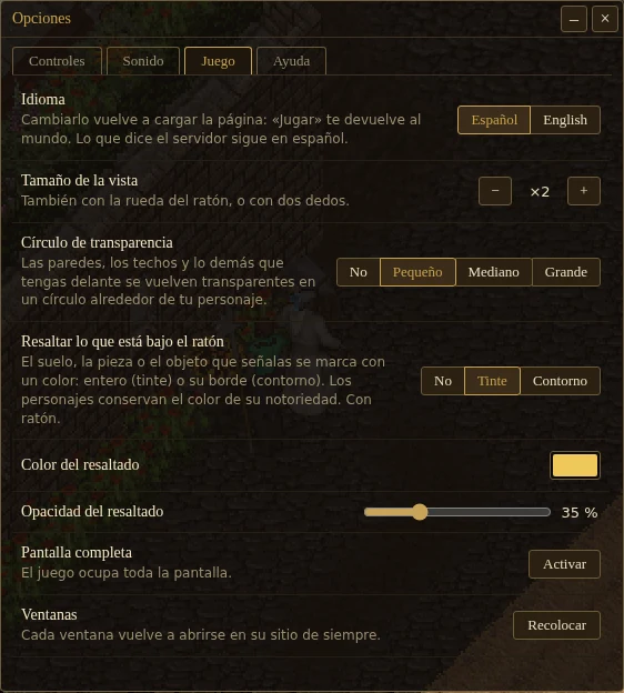 The Game tab of the Options, with the highlight on Tint, the gold colour and the opacity at 35%