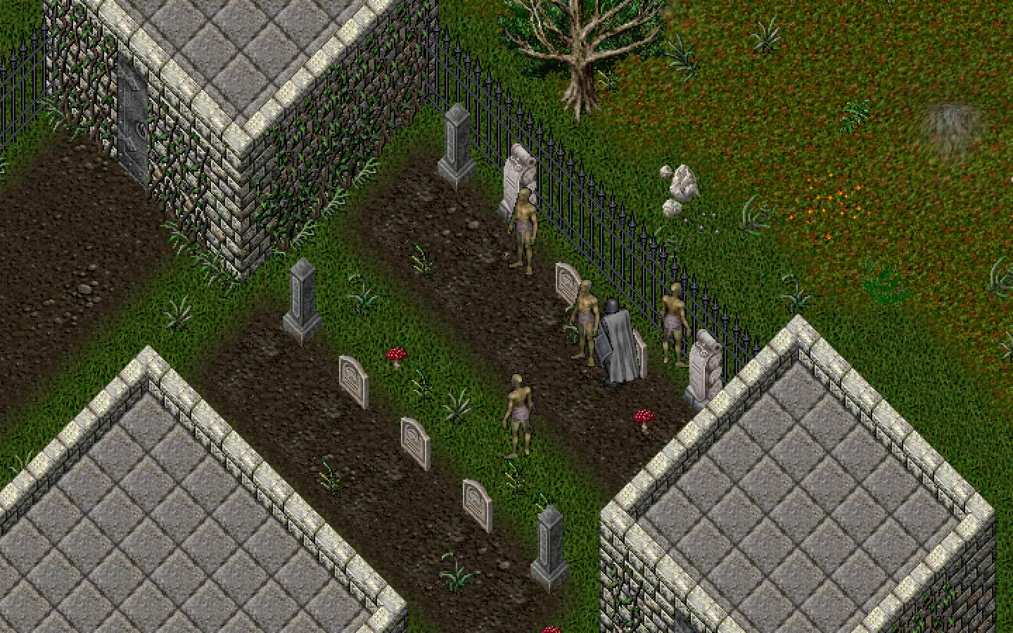 Zombis entre las lápidas de un cementerio, junto a dos criptas